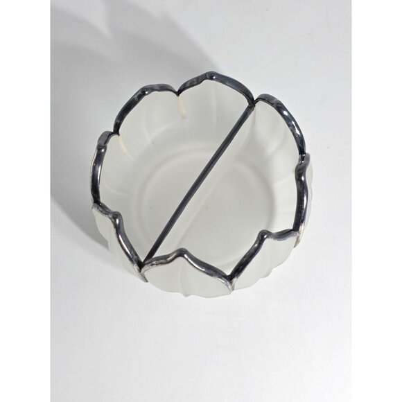 Frosted Glass Lotus Serving Bowl Plate Spoons With Silver-Toned Trim Vintage - Picture 5 of 12